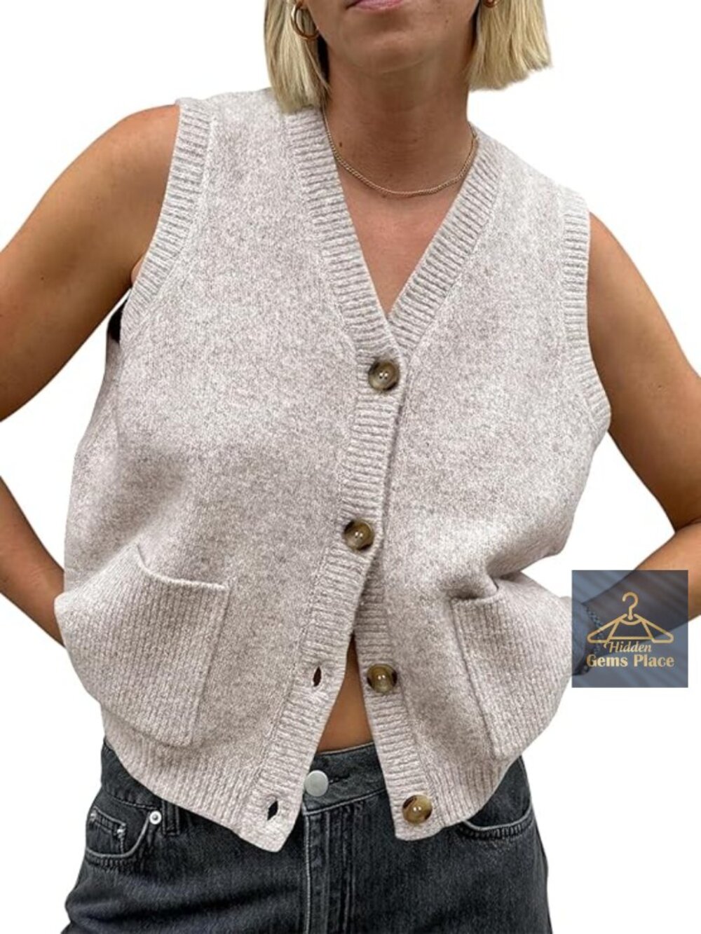 Sleeveless Knit Sweater Vest with Pockets V-Neck Button Down